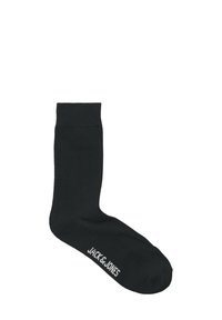 Zwarte katoenen sok met een gladde textuur en een geribde boord. Bevat het witte "JACK & JONES" logo in de buurt van de enkel. Klassiek ontwerp.