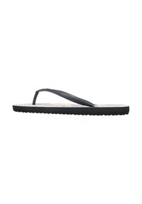 Tong en plastique noir avec une semelle en caoutchouc texturée, dotée d'une sangle fine et d'un semelle intérieure à motifs. Design simple avec une surface plate.