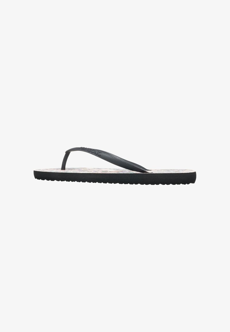 Black flip-flop sandal with a textured rubber sole, featuring a slim strap and a patterned footbed. Simple design with a flat surface.