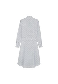 Robe à manches longues en bleu clair avec un motif floral, patte de boutonnage, taille cintrée et jupe fluide. Tissu doux et texturé.