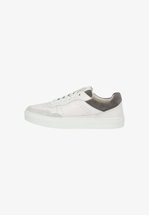 White leather sneakers with gray suede accents, round toe, flat rubber sole, and six eyelets for laces. Perforated detailing on the sides.