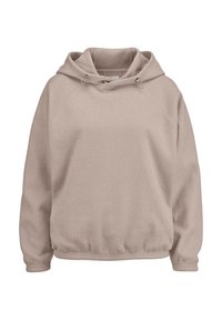 Felpa con cappuccio beige realizzata in morbido tessuto fleece. Presenta un collo con lacci e polsini a costine, con una vestibilità comoda.