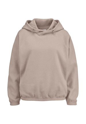 Beige Kapuzenpullover aus weichem Fleece-Material. Verfügt über einen Kordelzug am Hals und gerippte Bündchen, mit einem lässigen Schnitt.