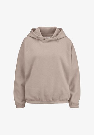 Beige Kapuzenpullover aus weichem Fleece-Material. Verfügt über einen Kordelzug am Hals und gerippte Bündchen, mit einem lässigen Schnitt.