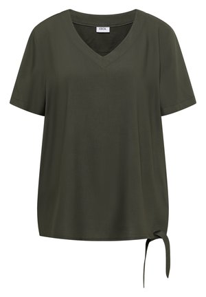 Kortærmet V-hals bluse i olivengrøn med lille sidelukning i kanten og en lige pasform.