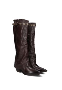 Donkerbruine leren kniehoge laarzen met een slouchy ontwerp, een puntige neus en een decoratieve gouden gesp met metalen oogjes.