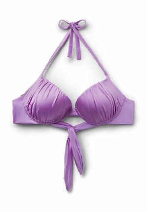 Fioletowy wyściełany top od bikini z wiązaniem na szyi i zapięciem na przód, gładki materiał z delikatnymi marszczeniami na miseczkach.