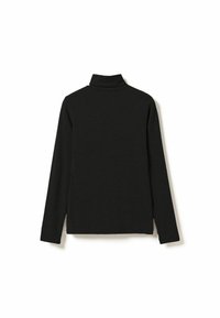 Melnā garais piedurknes turtlenecks blūze ar vienkāršu dizainu un mīkstu tekstūru, kas nodrošina augstu apkakli un taisnu apakšmalu.