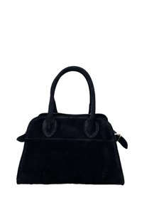Borsa a mano nera in suede con manici doppi, forma strutturata e chiusura con zip. Presenta dettagli in suede coordinato sui manici.