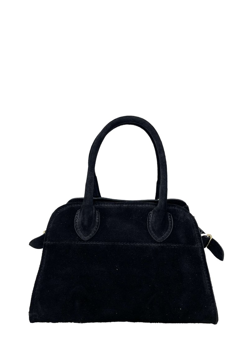 Borsa a mano nera in suede con manici doppi, forma strutturata e chiusura con zip. Presenta dettagli in suede coordinato sui manici.