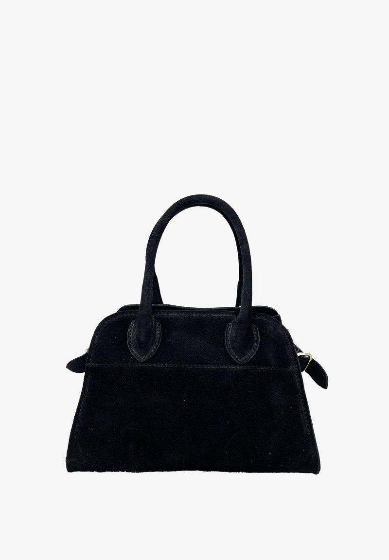 Borsa a mano nera in suede con manici doppi, forma strutturata e chiusura con zip. Presenta dettagli in suede coordinato sui manici.