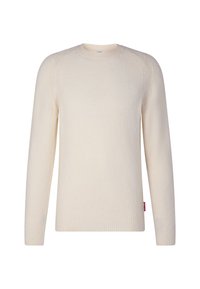 Maglione a maniche lunghe color crema in knit con polsini, orlo e scollo a costine su uno sfondo bianco.