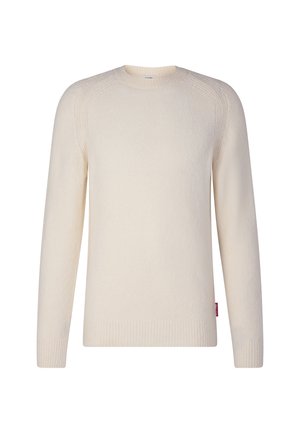 Maglione a maniche lunghe color crema in knit con polsini, orlo e scollo a costine su uno sfondo bianco.