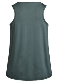 Dunkelgrüne ärmellose Bluse aus weichem Stoff. Schlanker Schnitt mit glatter Textur und minimalen Nähten am Ausschnitt und an den Armlöchern.