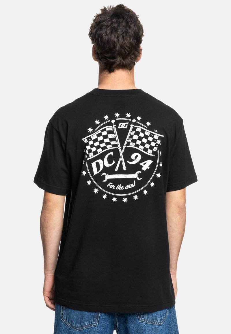 Black cotton t-shirt featuring a white graphic with checkered flags, circular design, and text "DC 94 for the win!" on the back.
