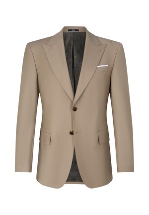 Beżowa męska marynarka na dwa guziki z wyciętymi klapami, dwoma klapowymi kieszeniami, kieszenią na piersi z białą poszetką oraz wzorzystą, ciemną podszewką wewnętrzną.