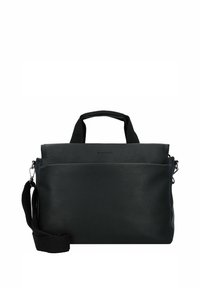 Sac en simili cuir noir avec deux poignées supérieures, bandoulière réglable, texture lisse et poche zippée à l'avant. Design minimaliste.
