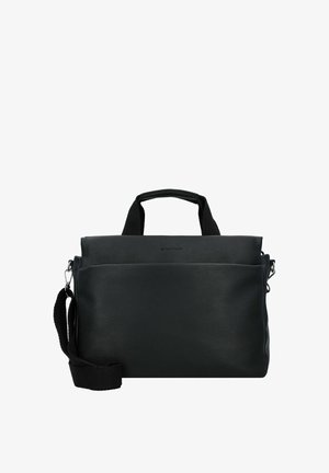 Fekete műbőr táska két felső fogantyúval, állítható vállpánttal, sima textúrával és egy elülső cipzáras zsebbel. Minimalista dizájn.