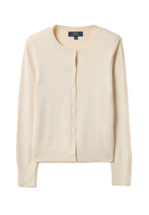 Cremefarbener Langarm-Cardigan mit rundem Ausschnitt und durchgehender Knopfleiste, flach liegend vor weißem Hintergrund gezeigt.