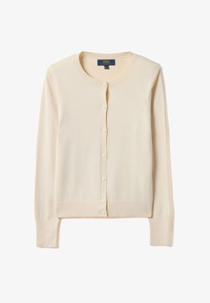 Cremefarbener Langarm-Cardigan mit rundem Ausschnitt und durchgehender Knopfleiste, flach liegend vor weißem Hintergrund gezeigt.