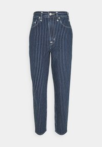 Denim jeans with vertical white stripes. High-waisted design, five-pocket styling, and frayed hem. Dark blue color and textured fabric.