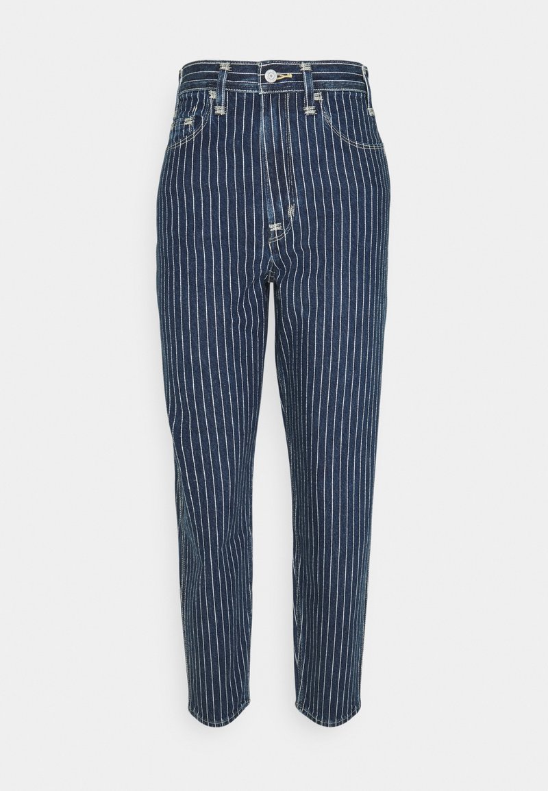 Denim jeans with vertical white stripes. High-waisted design, five-pocket styling, and frayed hem. Dark blue color and textured fabric.