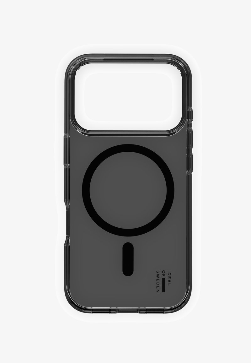 Gjennomsiktig svart telefondeksel med sirkulært magnetisk festepunkt og vertikal linjeaksent. Har avrundede kanter og en jevn tekstur.