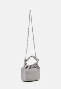 Small, gray satin handbag with gathered design, a chain strap, and a rounded base. Features a soft texture and a structured top handle.