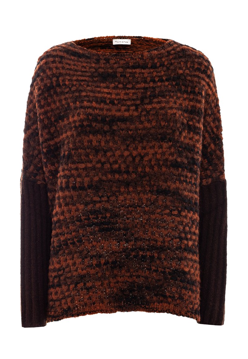 Pull en tricot texturé marron et noir avec des manches côtelées unies de couleur marron foncé et un col rond.