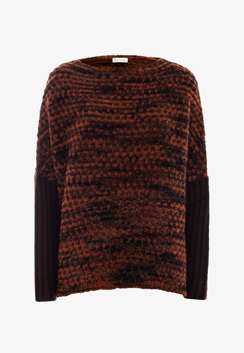 Braun und schwarz strukturiertes Strickpullover mit einfarbigen dunkelbraunen Rippärmeln und einem runden Ausschnitt.