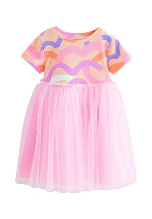 Robe pour tout-petit à manches courtes avec haut à motif ondulé coloré et jupe en tulle rose, conçue pour une tenue décontractée ou de fête.