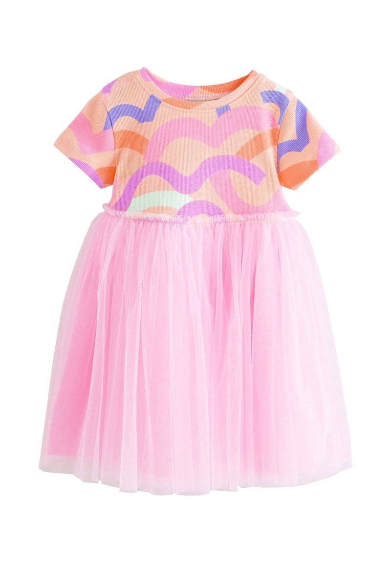 Robe pour tout-petit à manches courtes avec haut à motif ondulé coloré et jupe en tulle rose, conçue pour une tenue décontractée ou de fête.
