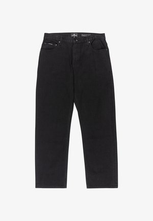 Jean baggy noir en denim avec une texture lisse. Présente un design à cinq poches et une fermeture à bouton à la taille.