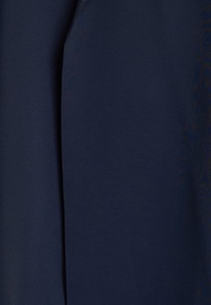 Navy blue fabric with a smooth texture, featuring a clean seam and an elegant drape, suitable for various clothing designs.