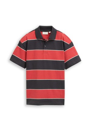 Kurzärmeliges Poloshirt mit breiten horizontalen roten und schwarzen Streifen und einem schwarzen Kragen mit zwei Knöpfen.