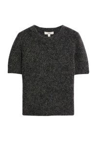 Krótki rękaw, ciemnoszary dziany sweter o fakturowanej powierzchni. Design z okrągłym dekoltem, miękki materiał i minimalne detale.