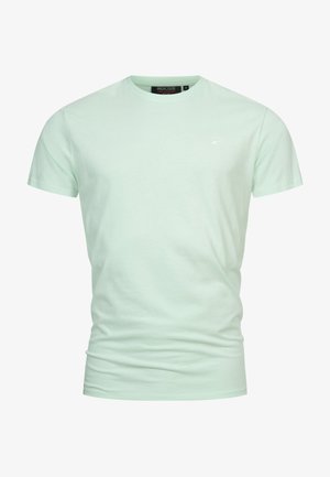 Minzgrünes T-Shirt mit kurzen Ärmeln aus weicher Baumwolle, mit Rundhalsausschnitt und einem kleinen Logodetail auf der Brust. Normale Passform.