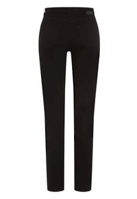 Zwarte broek met een slanke pasvorm, gemaakt van rekbare stof. Voorzien van vijf zakken en een gladde textuur met een tailleband van gemiddelde hoogte.