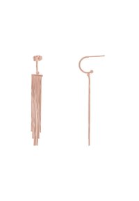 Orecchini in oro rosa, uno con più filamenti verticali e chiusura a perno, e un secondo design minimalista con gancio lungo.