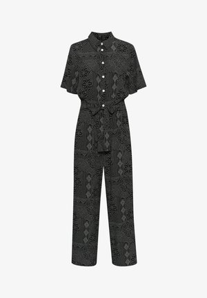Svart jumpsuit med korta ärmar, krage, knappar fram och ett knytbälte. Har ett vitt blommigt och abstrakt mönster över hela.
