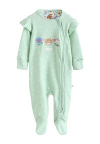 Menta zöld baba rugdalózó fehér pöttyökkel, fodros vállrésszel, hímzett tehénnel és virágokkal, valamint nyakkaptól a bal lábig tartó első cipzárral.