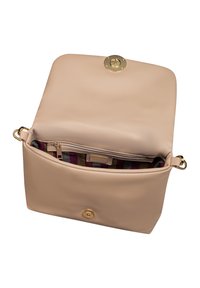 Beige leather handbag with a gold circular clasp. Interior features a zippered pocket and a multicolored striped lining.