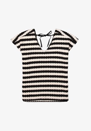 Gestreiftes Strickoberteil in Schwarz und Weiß, mit V-Ausschnitt und kurzen Kappärmeln. Texturiertes Muster mit einer Schleife hinten.