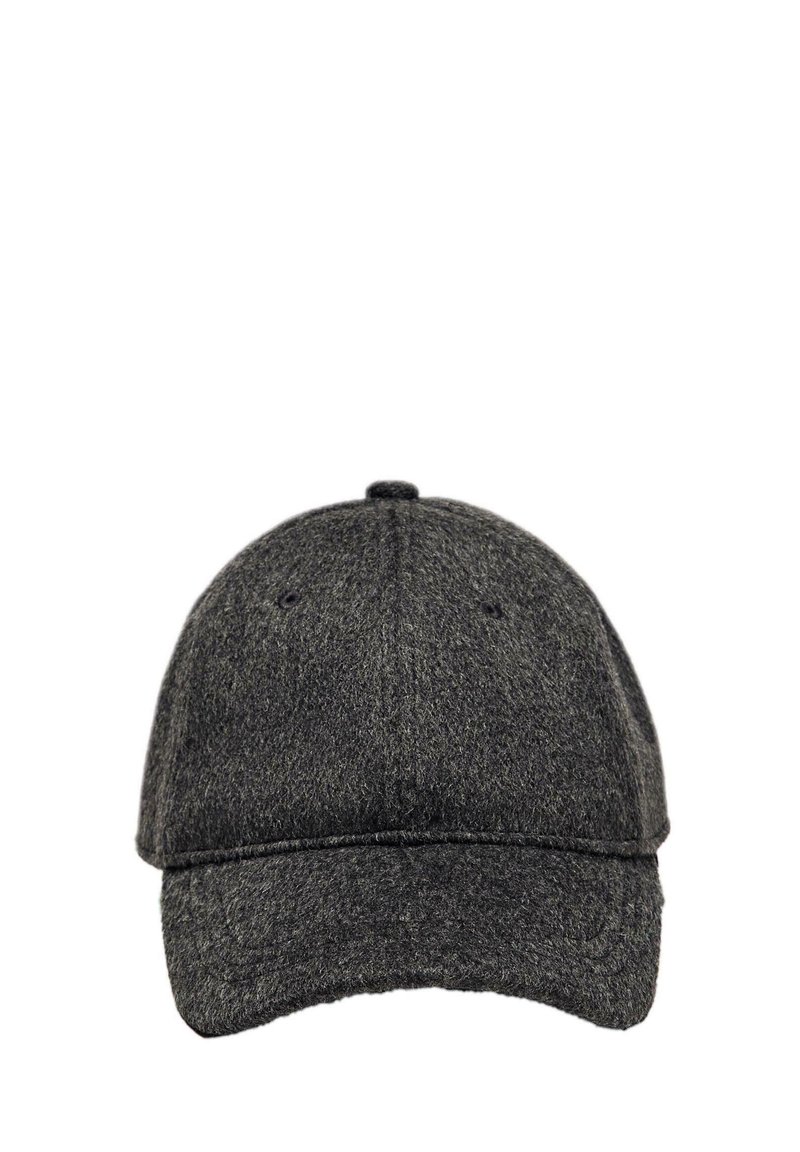 Dark grey wool baseball cap with a rounded crown, stitched brim, and ventilation holes. Smooth texture with subtle color variations.