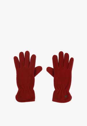 Gants en polaire rouge au design classique, avec des compartiments pour les doigts et un poignet resserré. Accent de marque notable sur la zone du poignet.