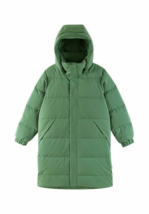 Green puffer coat with a hood, featuring vertical stitching, elastic cuffs, and slanted side pockets. Smooth, quilted texture.