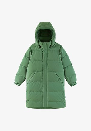 Green puffer coat with a hood, featuring vertical stitching, elastic cuffs, and slanted side pockets. Smooth, quilted texture.