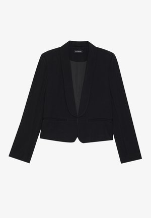 Black cropped jacket with a notched lapel, long sleeves, and two front pockets. Made from a smooth fabric, features a fitted design.