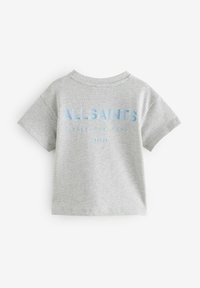 Šedé bavlněné tričko s krátkým rukávem, kulatým výstřihem a modrým potiskem loga "ALLSAINTS" na přední straně.