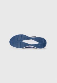 Shoe sole with a textured blue rubber material and a white midsole. Features a zigzag pattern for traction and brand logo embossed in the center.